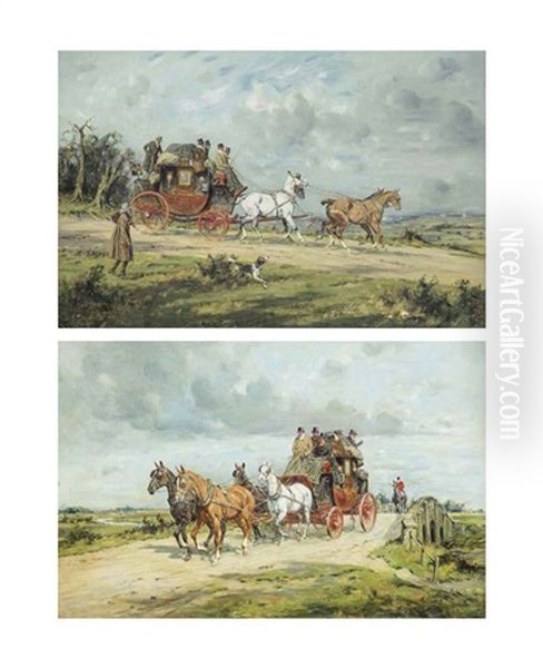 The London And Portsmouth Coach Near Guildford, Surrey; And The London And Exeter Coach Oil Painting by George Wright