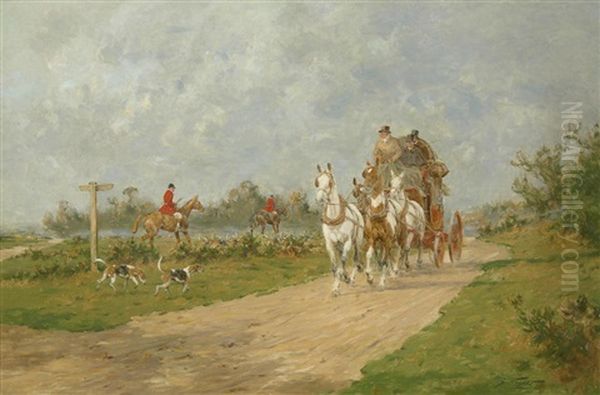 A Coach And Four Passing The Hunt Oil Painting by George Wright