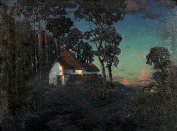 Pinienlandschaft Mit Bauernhausern Im Abendrot Oil Painting by Konstantin Haritonov Wroblewsky