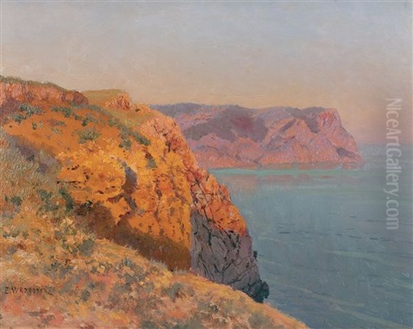 Cliff Of Crimean Seashore Oil Painting by Eugeniusz Wrzeszcz