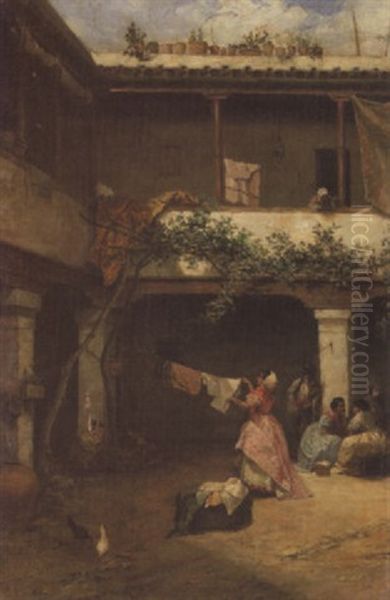 A Spanish Courtyard Oil Painting by Manuel Wssel De Guimbarda