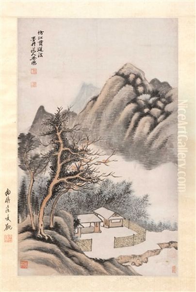 Chinese Scroll Painting On Paper By Wu Li. Depicting A Cottage With Distant Hills Oil Painting by  Wu Li