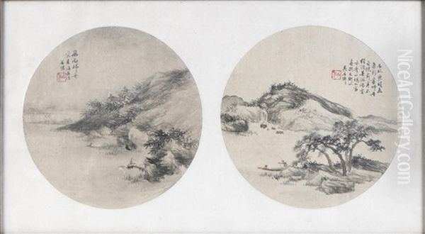 Landscape With River (2 Works) Oil Painting by  Wu Shixian