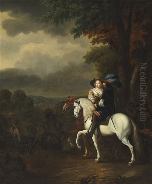 An Elegant Couple Riding In A Wide Landscape Oil Painting by Abraham Wuchters