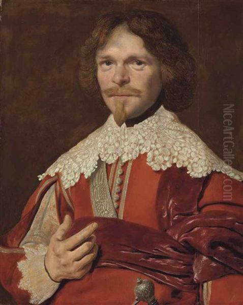 Portrait Of Gentleman, Half-length, In Red With A Lace Collar Oil Painting by Abraham Wuchters