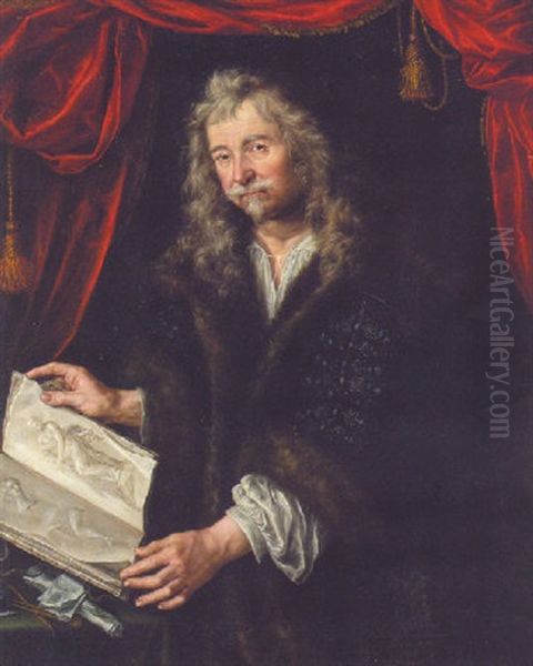 Portrait Of A Connoisseur In A Black Fur-trimmed Coat, Standing At A Table Against A Crimson Curtain, Holding A Book Of Sketches Oil Painting by Abraham Wuchters