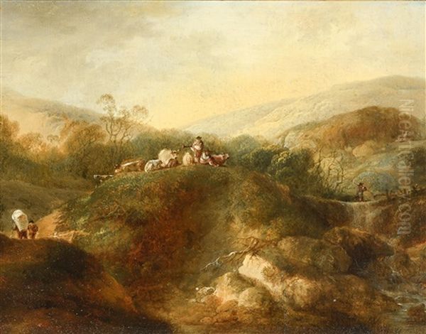 Hugelige Bachlandschaft Mit Bauern Und Vieh Oil Painting by Heinrich Johann Wuest