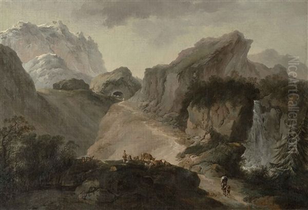 Der Wasserfall Im Schachenthal Ct. Uri Oil Painting by Heinrich Johann Wuest