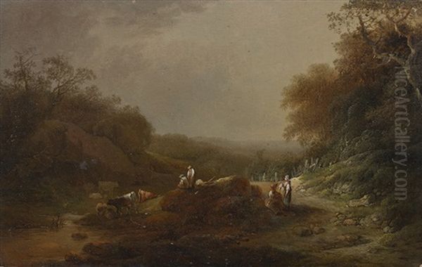 Bachlandschaft Mit Bauern Und Vieh Oil Painting by Heinrich Johann Wuest