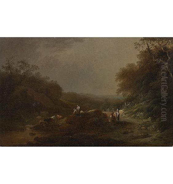 Bachlandschaft Mit Bauern Und Vieh Oil Painting by Heinrich Johann Wuest