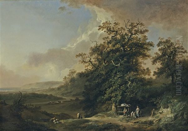 Landschaft Mit Reisenden An Einem Flussufer Landschaft Mit Fischern, Hirten Und Vieh (2 Works) Oil Painting by Heinrich Johann Wuest