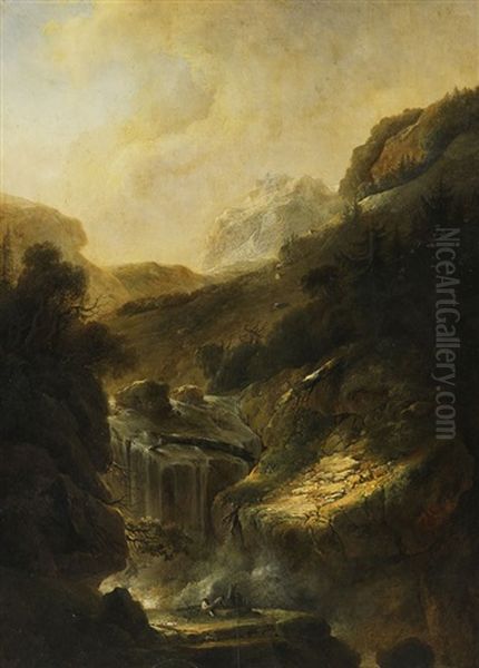 Ideale Gebirgslandschaften Mit Wasserfall Und Zeichnern (pair) Oil Painting by Heinrich Johann Wuest