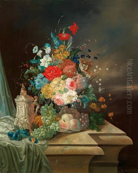 Groses Blumenstuck Mit Obst Und Einem Silberhumpen Oil Painting by Eduard Wuger