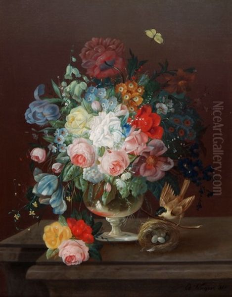 Grosses Blumenbouquet In Einer Glasvase Mit Vogel Und Vogelnest Oil Painting by Eduard Wuger