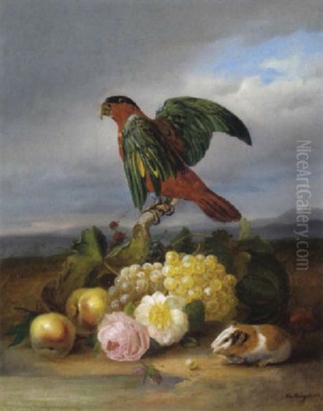 Stilleben Mit Trauben, Apfel, Rosen, Meerschweinschen Und Papagei Oil Painting by Eduard Wuger