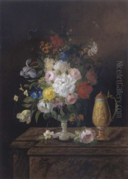 Groses, Dekoratives Blumenstilleben Mit Einem Vergoldeten Prunkpokal Oil Painting by Eduard Wuger