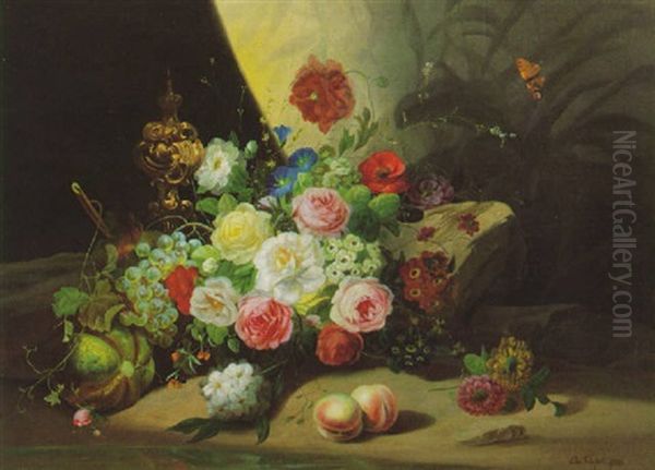 Flowers, Fruit And A Golden Vessel In A Landscape Oil Painting by Eduard Wuger