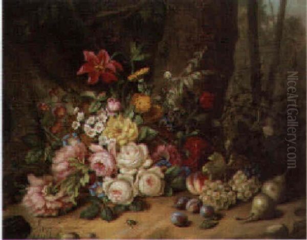 Summer Flowers, Pears, Grapes, Plums And A Beetle On A Woodland Floor Oil Painting by Eduard Wuger