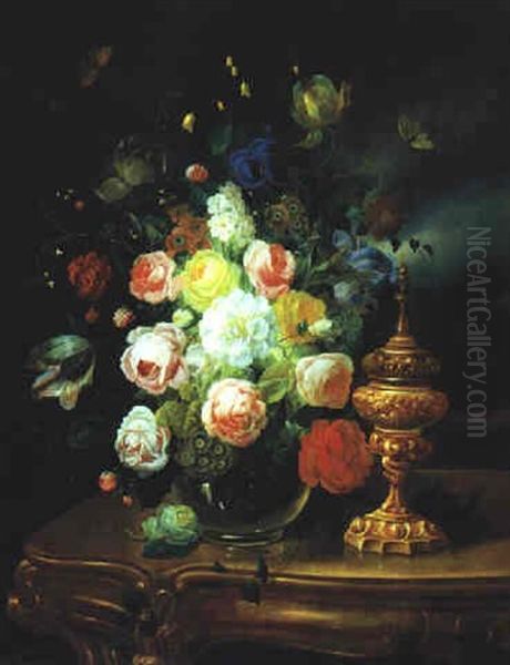 Groses, Dekoratives Stilleben Mit Rosen, Tulpen, Schwertlilien, Enzian Und Einem Vergoldeten Prunkpokal Oil Painting by Eduard Wuger