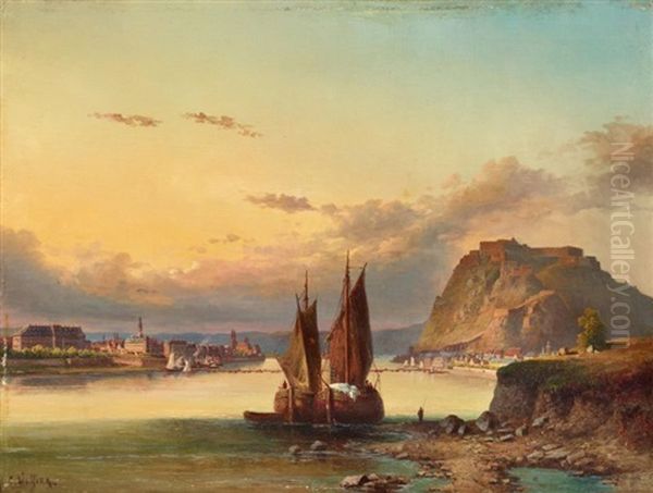 Blick Entlang Des Rheins Aus Koblenz Mit Der Stadt Und Ehrenbreitstein Oil Painting by Carl Wuelfing