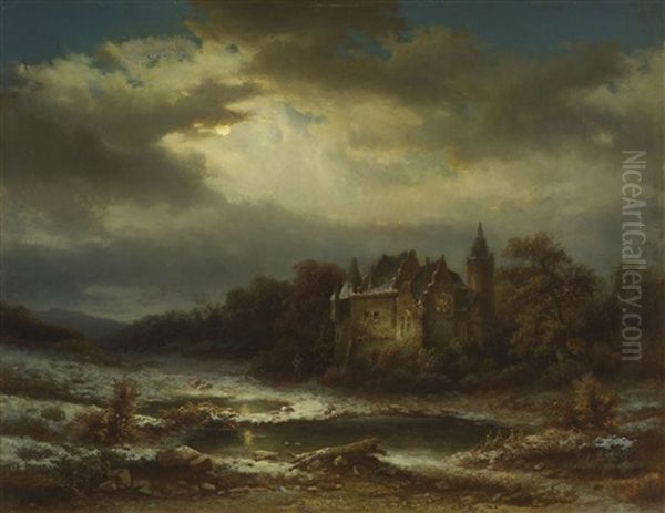 Schloss In Nachtlicher Winterlandschaft Oil Painting by Carl Wuelfing