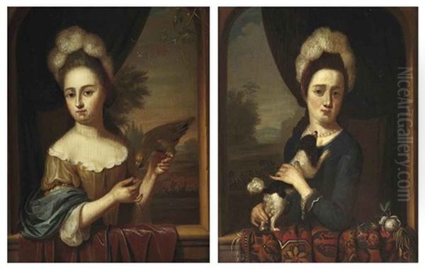 Portrait Of A Young Lady Standing In A Window With A Parrot, A Landscape Beyond (+ Portrait Of A Young Lady Standing In A Window With A Dog...; [pair) Oil Painting by Mathijs Wulfraet