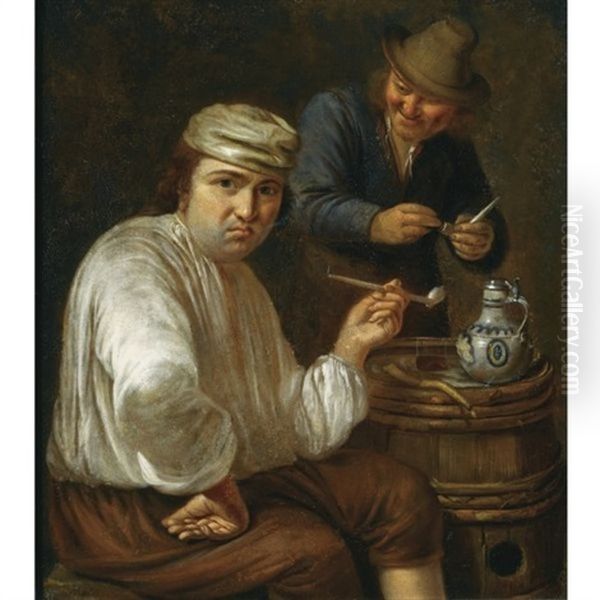 A Peasant Seated Next To A Barrel Smoking A Pipe, Another One Standing Behind Him Preparing A Pipe Oil Painting by Mathijs Wulfraet