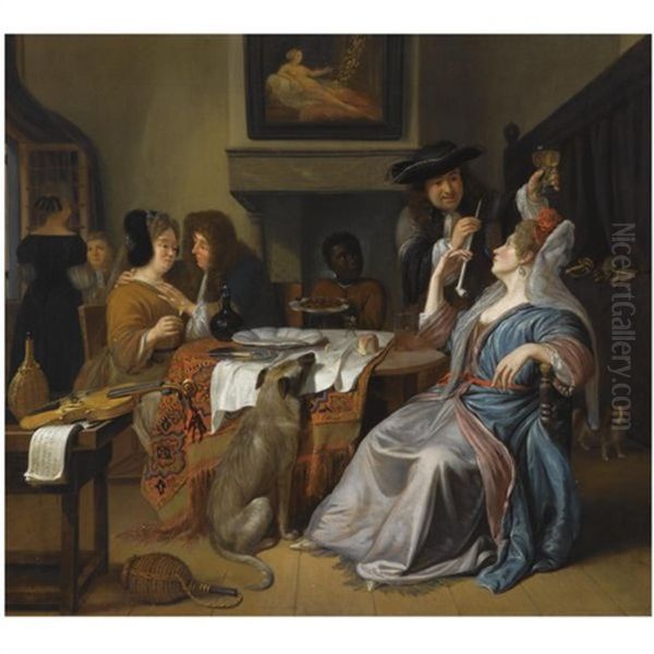 An Elegant Company In An Interior Drinking And Smoking, With A Violin And A Music Book On A Table In The Foreground Oil Painting by Mathijs Wulfraet