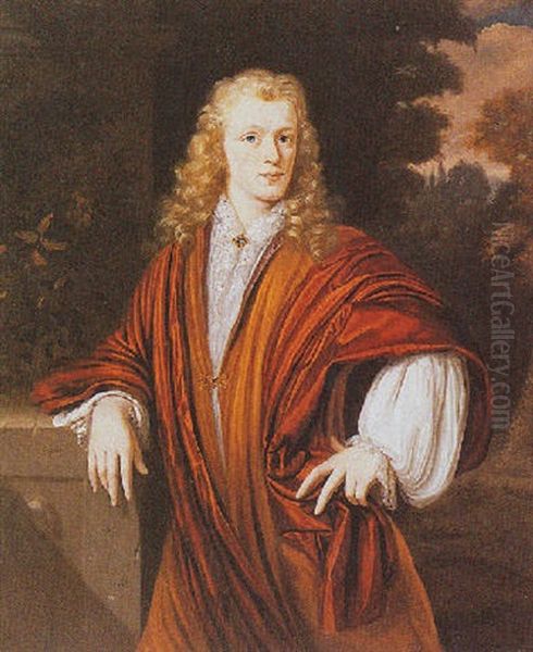 Portrait Of A Young Man Wearing An Orange Robe With A Lace Chemise And A Red Silk Cloak In A Park Landscape Oil Painting by Mathijs Wulfraet