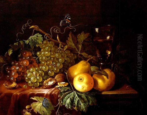 Stilleben Mit Weintrauben, Pfirsichen, Apfel Und Nussen Sowie Zwei Schmetterlingen Oil Painting by Willem Ernst Wunder