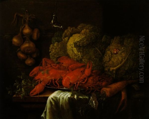 Stillleben Mit Hummer, Gemusen, Einem Schmetterling Und Einer Schnecke Oil Painting by Willem Ernst Wunder