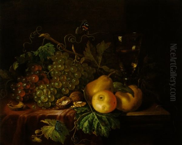 Stillleben Mit Weintrauben, Pfirsichen, Apfel Und Nussen Sowie Zwei Schmetterlingen Oil Painting by Willem Ernst Wunder