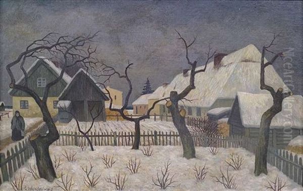 Garten (ostpreusisches Winterdorf) Oil Painting by Gustav Wunderwald