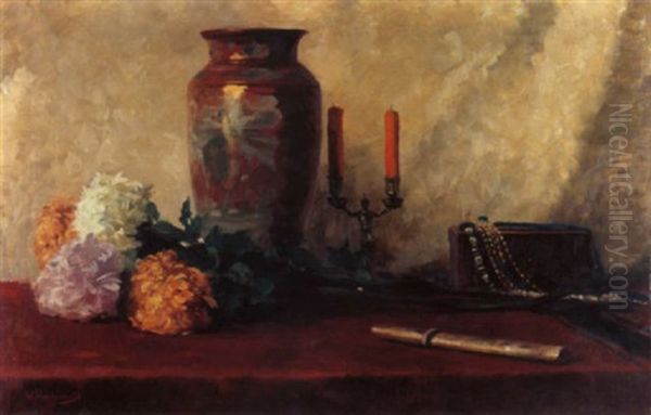 Stilleben Mit Japanischem Kurzschwert, Porzellanvase Und Chrysanthemen Oil Painting by Wilhelm Wunderwald