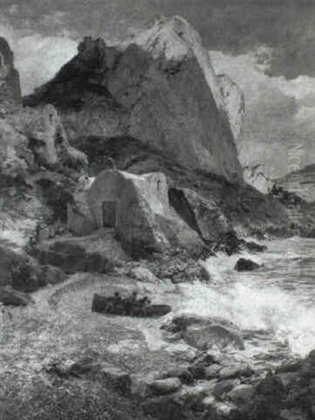 A Rocky Coastal View With Boys Pushing A Boat, Capri Oil Painting by Wilhelm Wunderwald