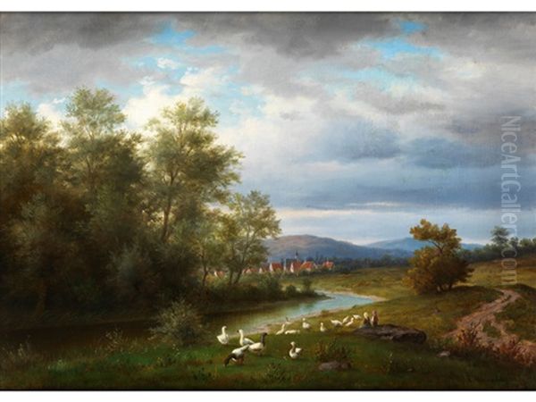 Sommerliche Landschaft Mit Gansen Oil Painting by Carl Wuennenberg