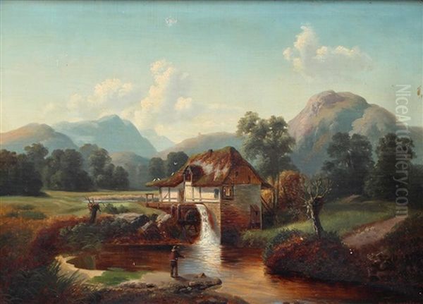 Flusslandschaft Mit Oberschlachtiger Muhle (after Georg Jabin) Oil Painting by Walther Wuennenberg