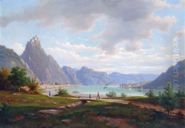 Mittelrheinlandschaft Mit Einer Hochgelegenen Burg Und Einem Dampfschiff Oil Painting by Walther Wuennenberg