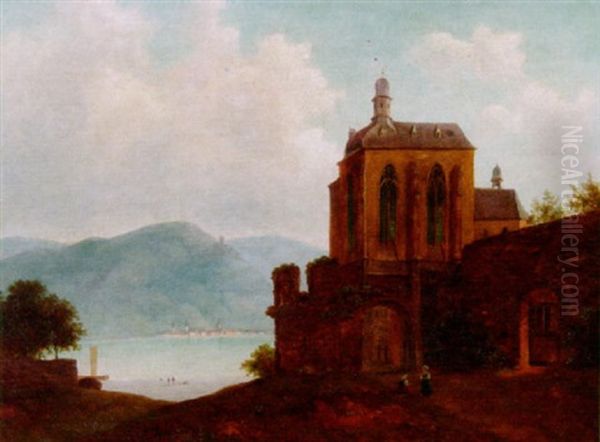 Die Wernerkapelle In Oberwesel Mit Blick Uber Den Rhein Oil Painting by Walther Wuennenberg