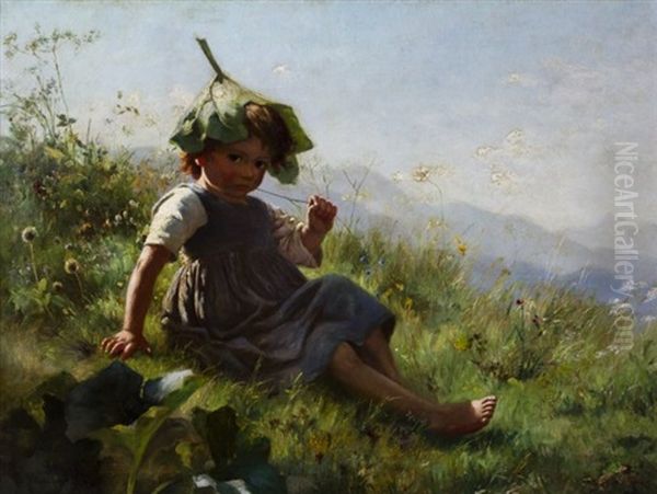 Girl Wearing Lily Pad Hat Oil Painting by Marie (Mizzi) Wunsch