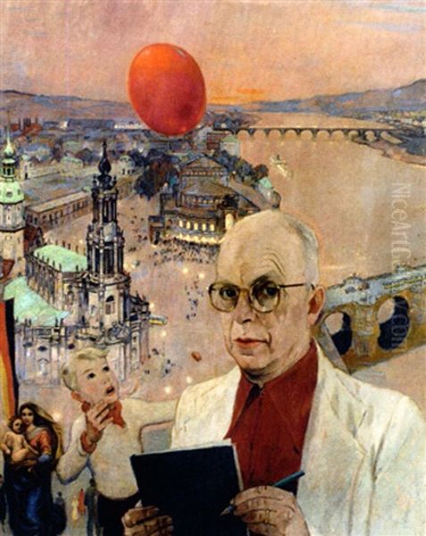 Selbstportrait, Blick Von Der Hohe Auf Dresden In Abendlicher Beleuchtung Mit Den Zwei Elbbrucken Oil Painting by Emil Wuensche