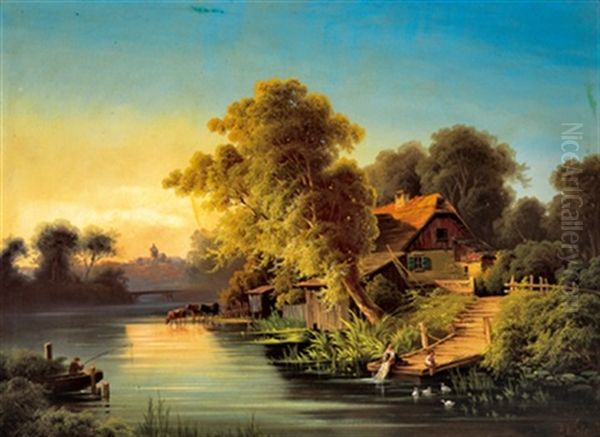 Wascherin Am Flusufer Oil Painting by Franz Wurbel