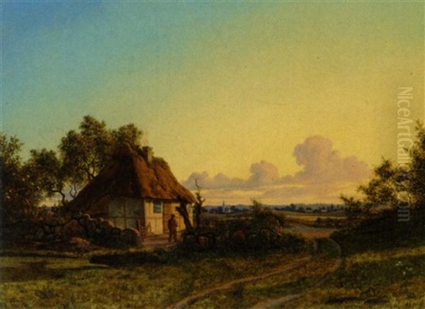 Piberygende Bondemand Nyder Solnedgangen Uden For Sit Bindingsvaerkshus Oil Painting by Carl Wurtzen