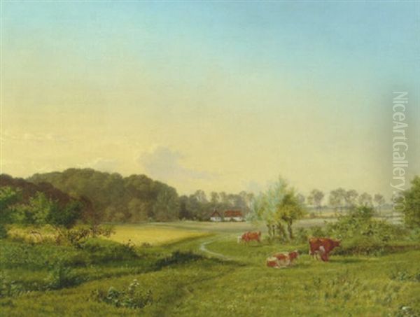 Dansk Sommerlandskab Med Koer Pa Marken Og En Bondepige I Faerd Med At Malke Oil Painting by Carl Wurtzen