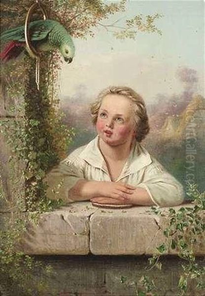 Ein Kleiner Junge Beobachtet Einen Papagai Oil Painting by Hermann Wuerz