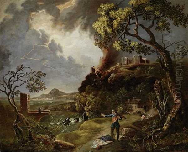 Gewitterlandschaft Mit Vom Blitz Getroffener Frau Und Ihrem Trauernden Gefahrten Oil Painting by Johann Matthias Wurzer