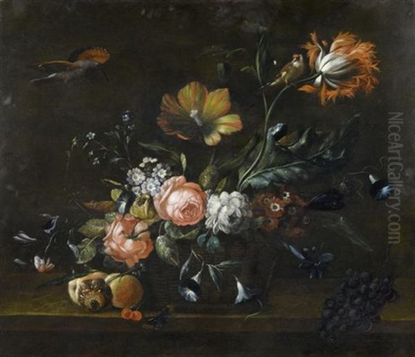 Blumenstilleben Mit Kleinvogel Und Einem Schmetterling Oil Painting by Johann Matthias Wurzer