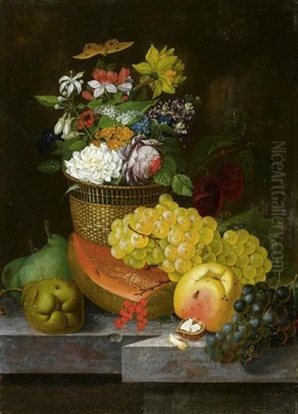 Stilleben Mit Fruchten Und Blumenkorb Auf Einer Steinbrustung Oil Painting by Johann Matthias Wurzer