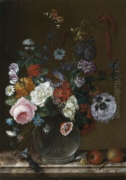 Stilleben Mit Blumen In Glasvasen, Fruchten Und Insekten Auf Einer Marmorplatte (pair) Oil Painting by Johann Matthias Wurzer