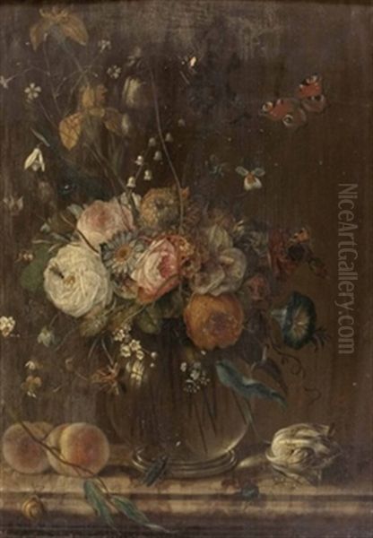 Blumen In Glasvase Mit Zahlreichen Insekten Oil Painting by Johann Matthias Wurzer